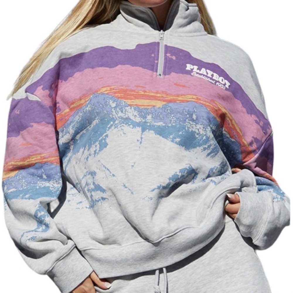 PLAYBOY BY PACSUN Hoodie Sweatshirt Mountains Sunset Sunrise Small Oversized